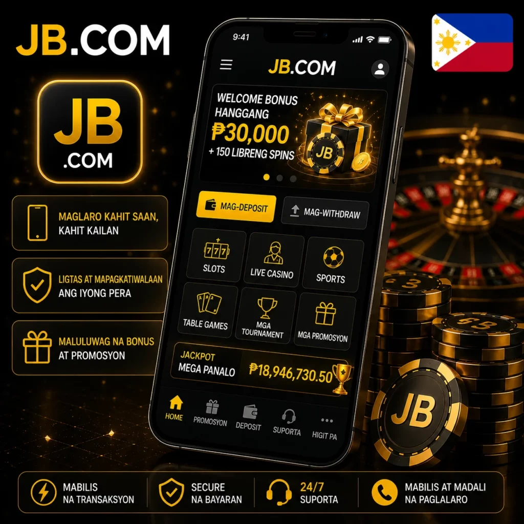 JB Casino mobile app na may opisyal na logo ng JB.COM at watawat ng Pilipinas.