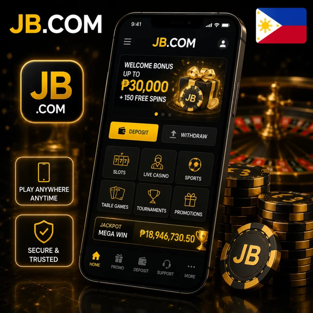 JB Casino mobile app with official JB.COM logo and Philippines flag.